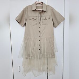 Chic Beige Safari Dress with Flowy Tulle Skirt – Size M